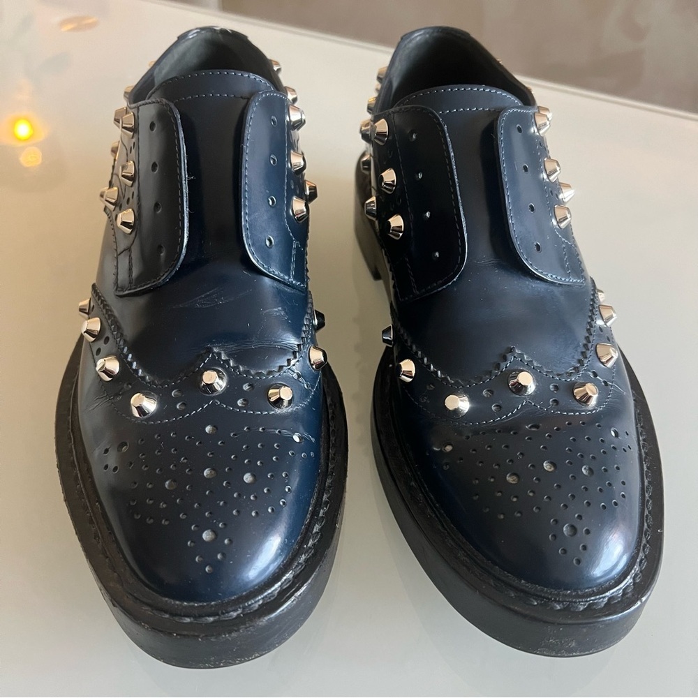 BALENCIAGA Studded Wingtip Platform Loafers Blue Leather Shoes - Picture 13 of 15
